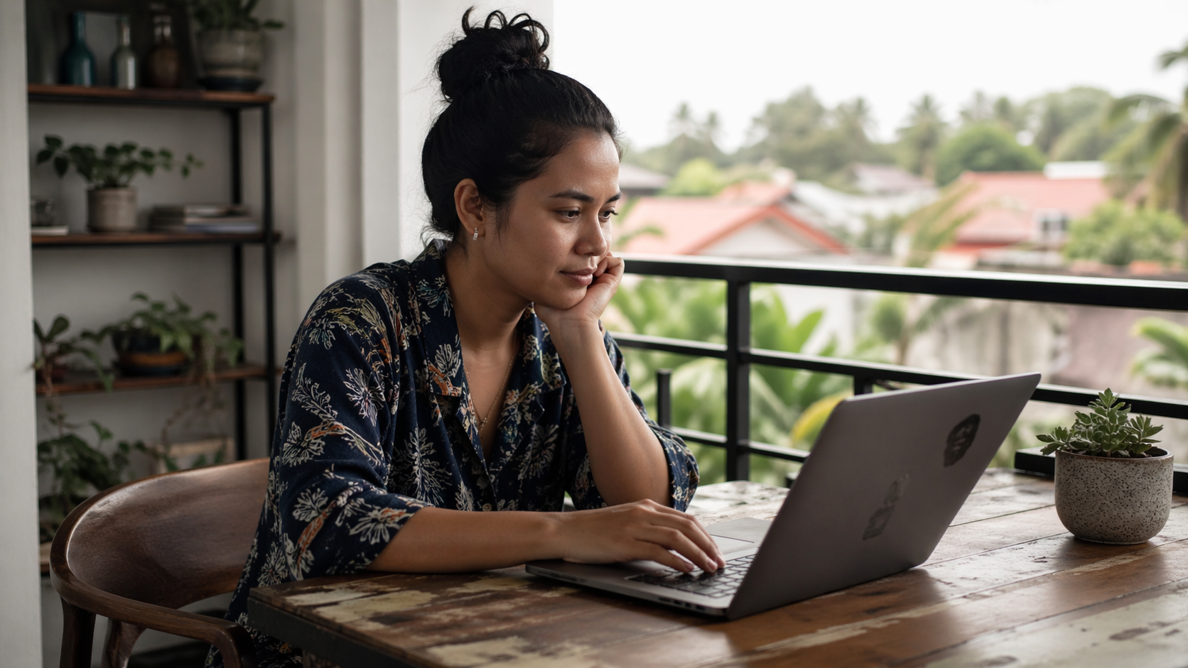 Remote worker paying online from a balcony workspace