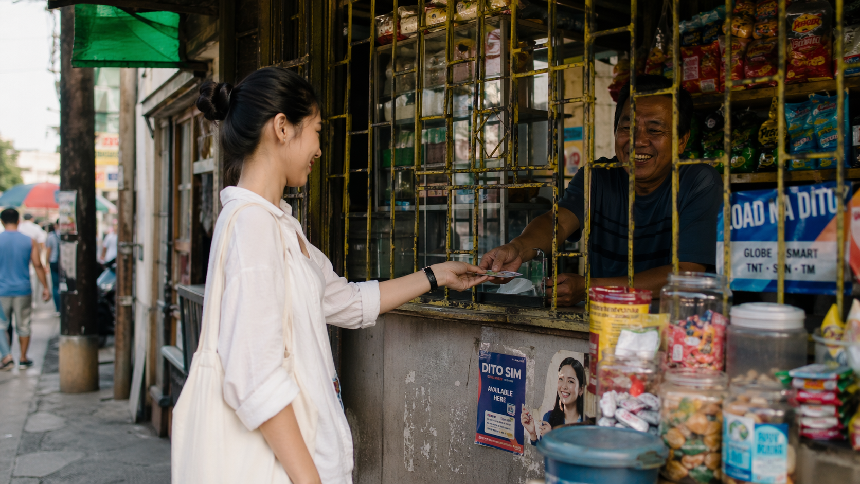 Customer paying at a street kiosk in Southeast Asia