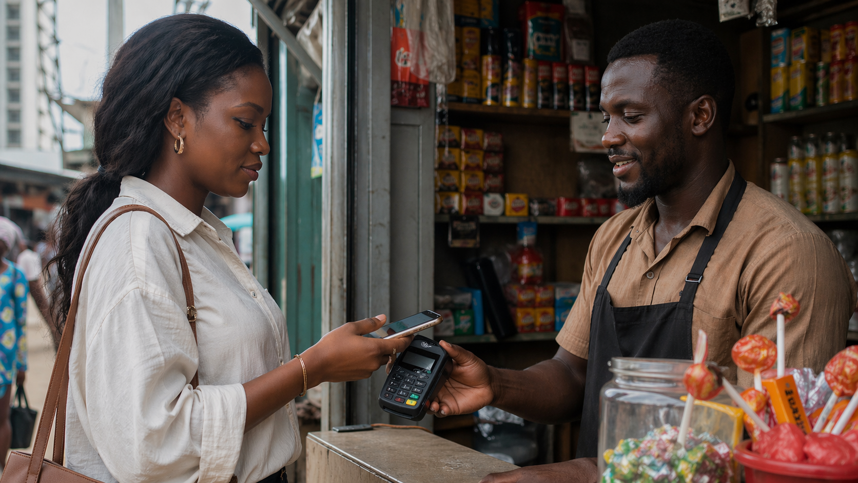Customer tapping a phone to pay at a neighborhood shop